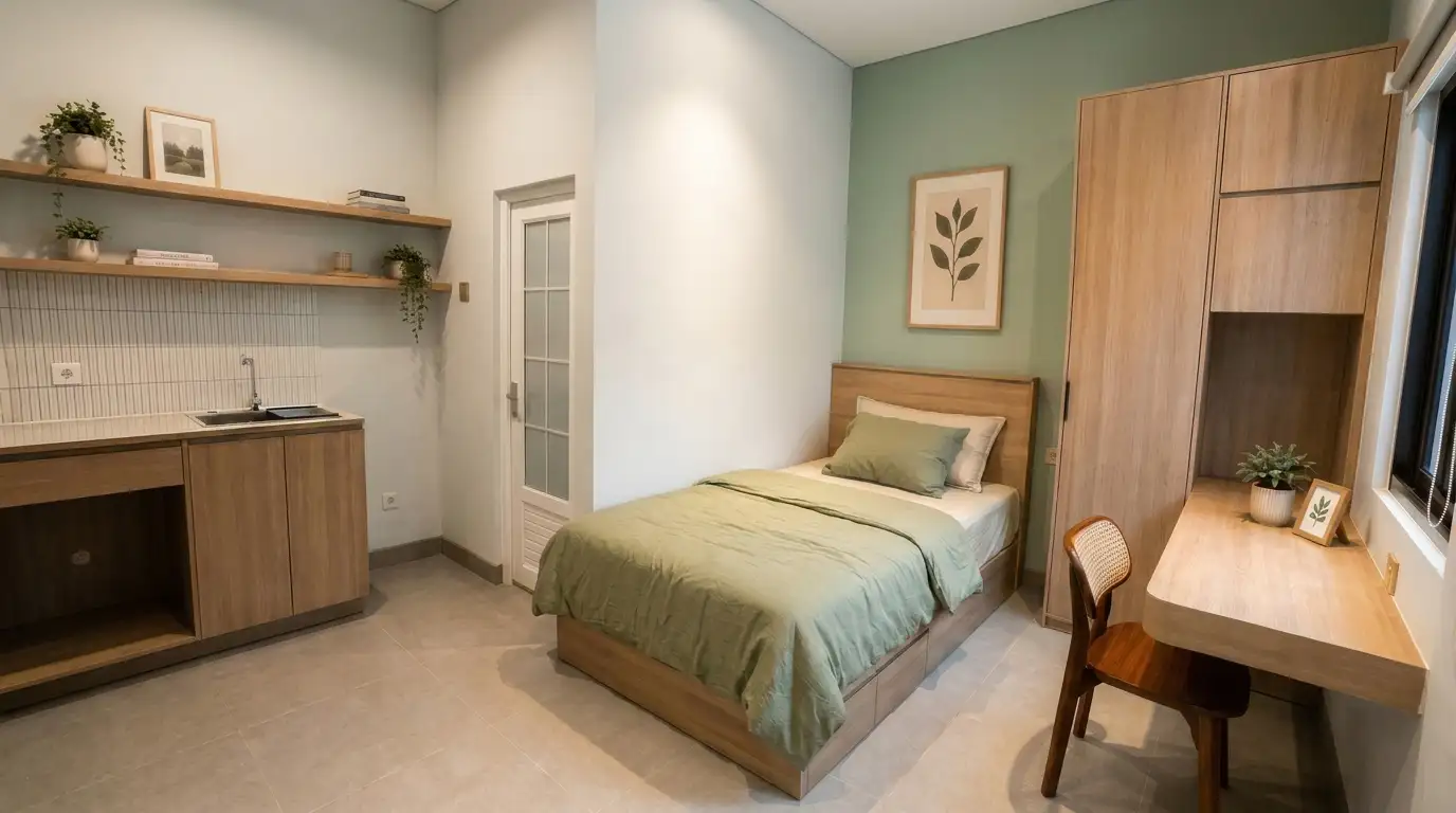 Kamar premium Rumah Teduh dengan AC, kamar mandi dalam, dan meja kerja